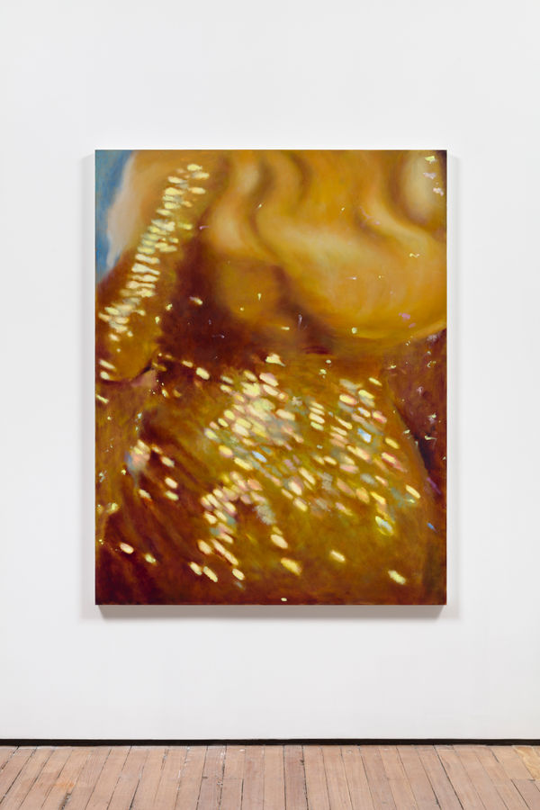 oil painting depicting a torso wearing a gold sequined dress, blurred by movement.