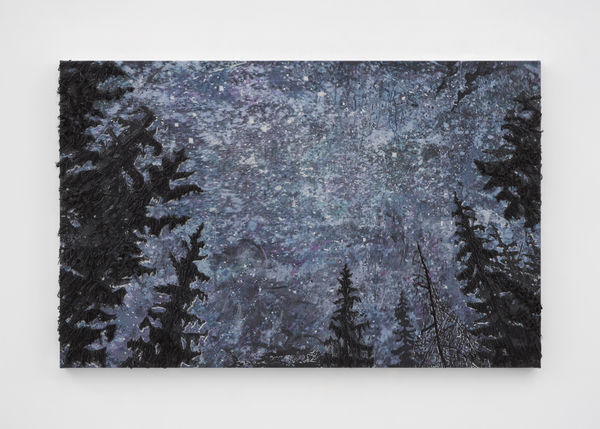 Michael Raedecker all, 2026 Laser printer pigment transfer, dispersion, acrylic and thread on canvas 77 x 121 cm | 30 1/4 x 47 5/8 in