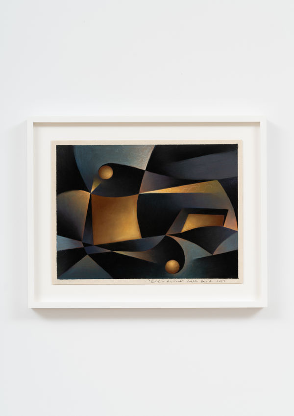 abstract geometric painting depicting curvaceous and angular shapes with orange and deep blue hues. two small orange orbs are positioned at the top and bottom of the image