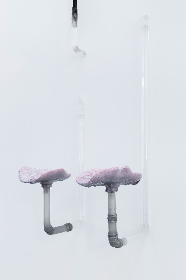 An image of two identical bicycle seat shaped objects made of sea salt, iron sulfide, and silicone against a white wall.