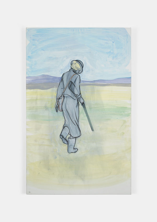 Acrylic on gesso piece depicting a lone figure with a gun walking through an open field.