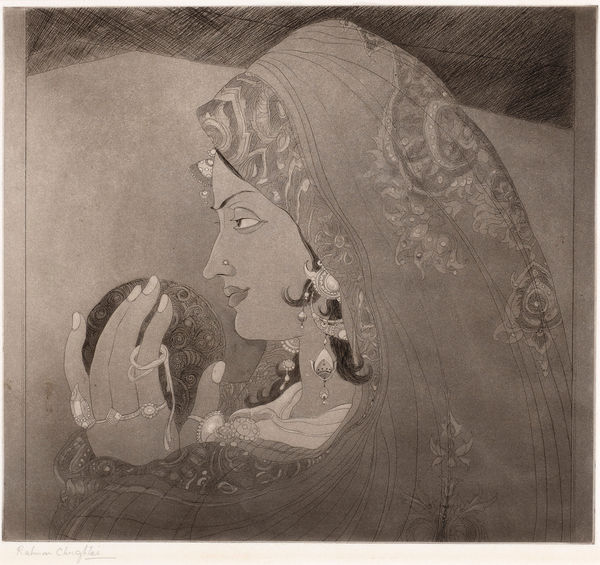 Abdur Rahman Chughtai The Punjabi Maiden, Circa 1950s Etching and aquatint on paper 30 x 33 cm 11 3/4 x 13 in Signed 'Rahman Chughtai' along lower margin