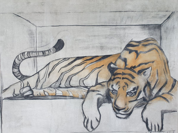 Zimbiri b. 1991Boxed 7, 2020 Saa-tshen and charcoal on Rhay-shing (Earth paint and charcoal on canvas) Signed 91.4 x 137.5 cm 36 x 54 1/8 in