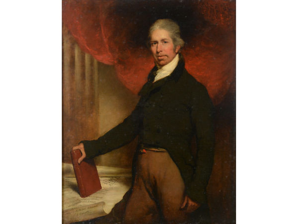 Arthur William Devis 1762-1822Portrait of Sir John Shore Bt. 1st Lord Teignmouth (1751-1834), c.1800 Oil on canvas Standing three quarter length in an interior before a red swag wearing a dark coat and buff breeches standing by a table with Address of the British Inhabitants of Calcutta upon it. Shore's right hand rests on a copy of the Life of Sir William Jones (1746-1794), esteemed Orientalist, Judge of the Supreme Court of Judicature at Fort William in Bengal, President of the Asiatic Society and a close friend of Shore 125.5 x 98.5 cm 49 3/8 x 38 3/4 in