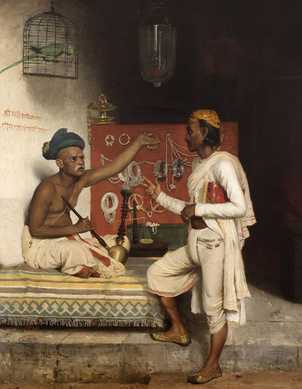 Horace Van Ruith 1839-1923Jewellery Seller in Bombay, circa 1880 Oil on canvas Signed and inscribed 'Bombay' lower right 118.5 x 92 cm 46 5/8 x 36 1/4 in