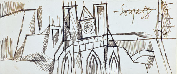 Francis Newton Souza (1924-2002)Untitled (Westminster Abbey), 1958 Pen and ink on paper Signed and dated 9 x 20 cm 3 1/2 x 7 7/8 in