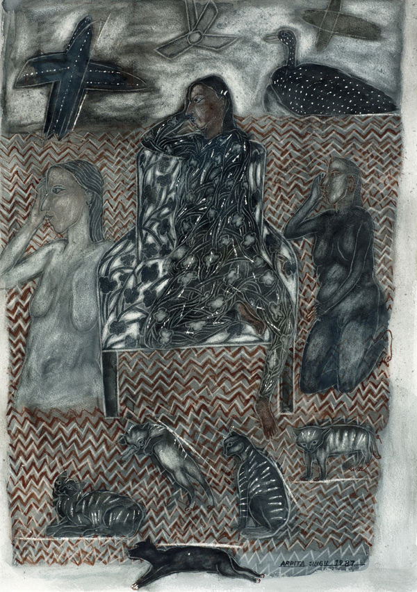 Arpita Singh b. 1937Women Watching an Aeroplane and the Cats Playing, 1987 Pastel and Watercolour on paper Signed and dated 'ARPITA SINGH 1987' lower right 42 x 30 cm 16 1/2 x 11 3/4 in