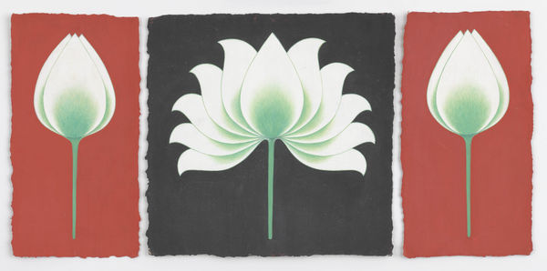 Olivia Fraser Breath, 2020 Triptych Stone pigments and Arabic gum on handmade Sanganer paper Central panel: 26 x 26 cm (10 1/4 x 10 1/4 in) Left/Right panel: 26 x 13 cm (10 1/4 x 5 1/8 in)