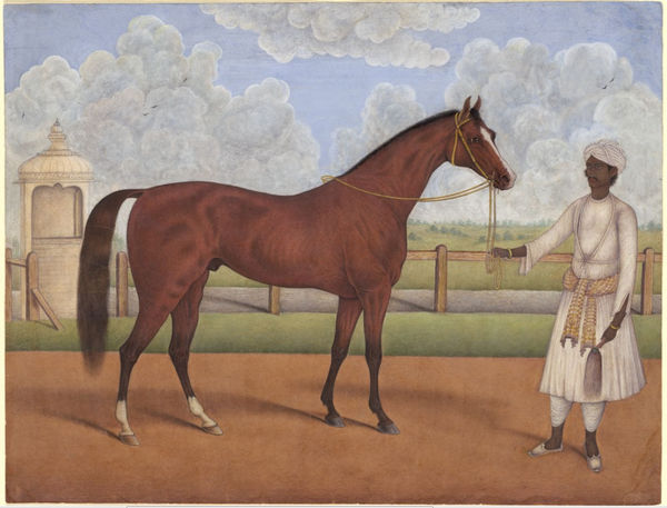 A Racehorse with its Groom, circa 1840 Calcutta, studio of Shaikh Muhammad Amir, Watercolour and bodycolour on paper 37 x 48.6 cm 14 5/8 x 19 1/8 in