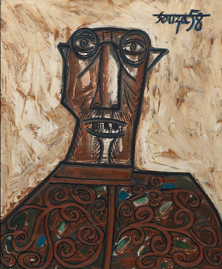 Francis Newton Souza 1924-2002Head of a Man with Glasses, 1958 Oil on canvas Signed and dated 'Souza 58' upper right, the reverse signed, dated and inscribed 'Barcelona' 72 x 59 cm 28 3/8 x 23 1/4 in