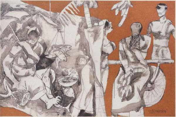 Maqbool Fida Husain Fish and Banana (Folklore Kerala series), c. 2010 Offset Lithograph on Paper Signed (lower right), titled (lower middle) and numbered (lower left) edition 327/600 35 x 53 cm 20 7/8 x 13 3/4 in
