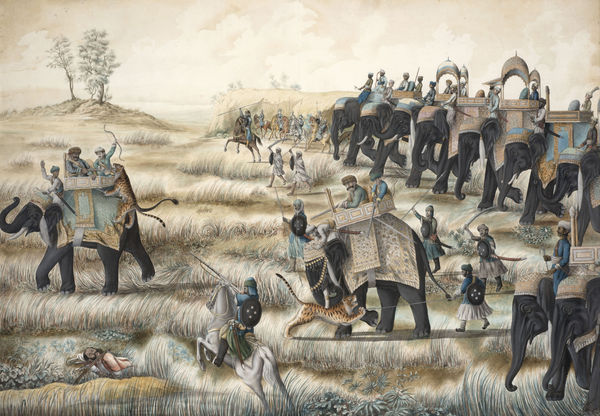 A Royal Entourage Hunting Tiger, circa 1810 Lucknow Ink and opaque pigment on paper 48.5 x 69 cm 19 1/8 x 27 1/8 in