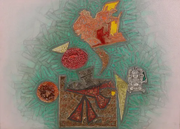 Shanti Dave Untitled, Circa 1985 Oil, encaustic and mixed media on canvas 36.8 x 50.8 cm 14 1/2 x 20 in Signed 'Shanti Dave' lower centre