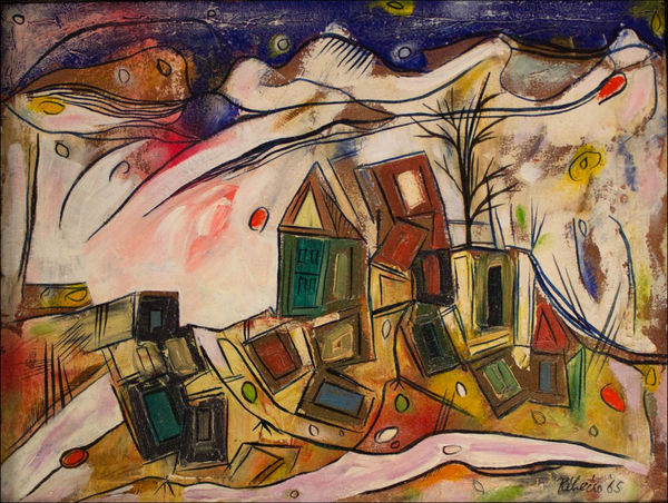 Lancelot Ribeiro 1933-2011Landscape with Tumbling Houses, 1965 Oil on canvas Signed and dated lower right 37 x 48.5 cm 14 5/8 x 19 1/8 in