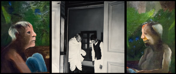 Atul Dodiya b. 1959In Sevagram, 2016 Oil on canvas and archival digital print on hahnemuhle bamboo paper 50.8 x 119.3 cm 20 x 47 in