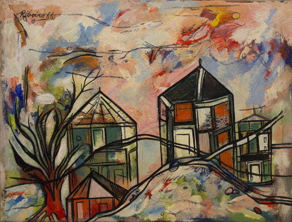 Lancelot Ribeiro 1933-2011Untitled (Landscape with Trees and Houses),, 1966 Oil and polyvinyl acetate on canvas 43.5 x 57.2 cm 17 1/8 x 22 1/2 in