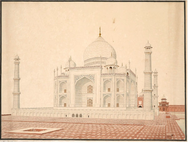 An Agra Artist View of the Taj Mahal from the South-West, circa 1805 Watercolour on wove paper within black painted frames Watermark ‘J. Whatman’ dated 1801 64 x 84 cm 25 1/4 x 33 1/8 in