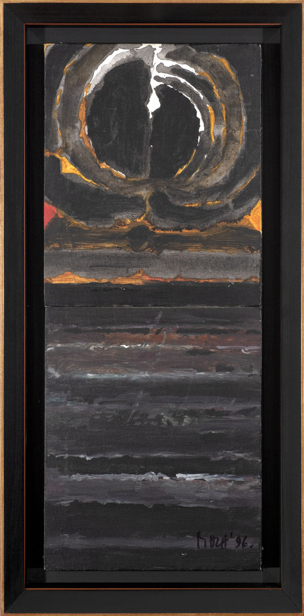 Sayed Haider Raza 1922-2016Bindu and Earth, 1996 Signed and dated 'RAZA 96' lower right, further signed, dated and titled on the reverse 'RAZA/ Bindu + Earth/ 1996/ 59 x 22cms/ Acrylic on canvas "Bindu + Earth.' and with label from Vadehra Art Gallery Acrylic on canvas (diptych) 59 x 22 cm 21 1/4 x 8 5/8 in