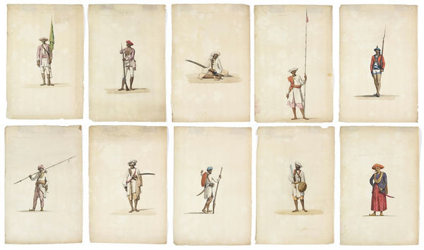 Robert Home A collection of ten watercolours depicting figues from the Indian army, circa 1793 Pencil and watercolour on paper, bearing J. Whatman watermark, each titled upper centre; Tippoo’s Bodyguard, Tippoo’s Rocket [?] of the Body Guard, Soldier of Tippoo (Seated figure/Maratha), Belonging to Tippoo/ Soldier (Standing figure with lance), Bengal Sepoy, Free Booter or Common Booter (Standing figure with horizontal lance), Soldier (Standing figure with sword), An Hindoostanee Sepoy or Matchlock Pion, One of Tippoo’s Soldiers, An Attendant of the Rajah of Tanjore (min) 39.8 x 26 cm, (15 5/8 x 10 1/4 in) (max) 40.2 x 26.6 cm, (15 7/8 x 10 1/2 in)