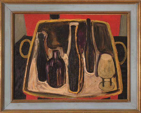 Sadanand K. Bakre 1920-2007Untitled (Still Life with Bar Tray), 1961 Signed and inscribed on the reverse 'S,K. BAKRE/ S.K.BAKRE/ 19. ST. HELENS GDNS./ LONDON. W.10/ TEL. LAD. 8434' in English, dated 1961 in Devanagari Oil on canvas 61 x 91.4 cm 24 x 36 in