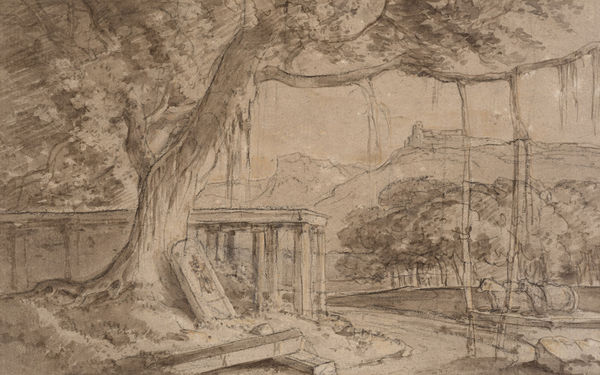 William Daniell 1769-1837A Ruined Temple Pencil, brown ink and wash on paper 14 x 22.5 cm 5 1/2 x 8 7/8 in