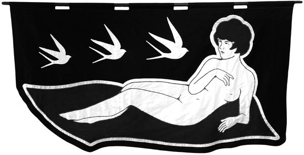 embroidered black and white banner of a nude woman reclining and three birds