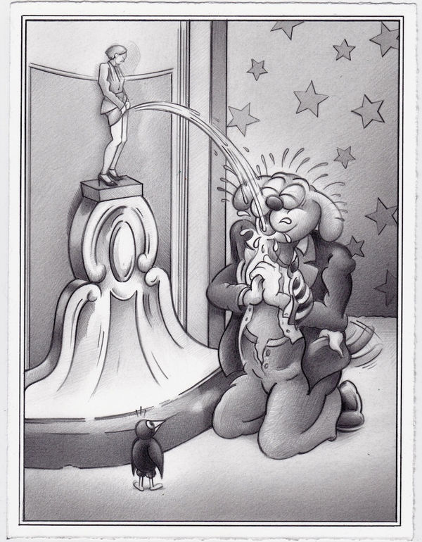 graphite drawing of a kneeling dog drinking the water coming out of a fountain