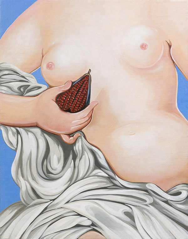 naked woman with cloth over her holding a pomegranite