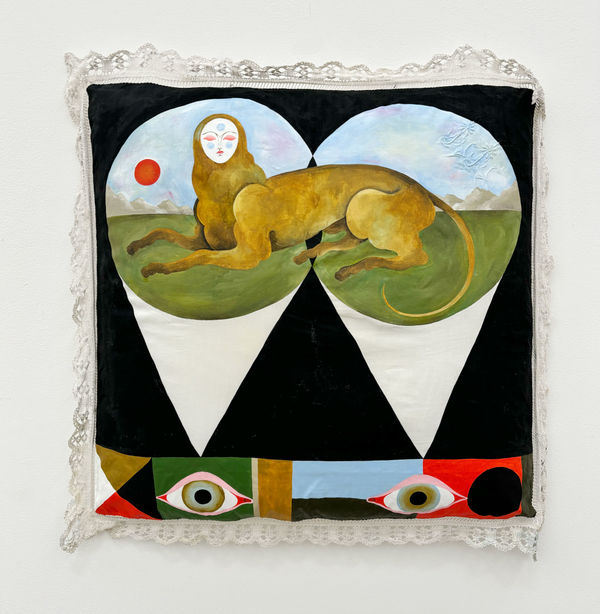 Lou Benesch - painting of sphynx on antique pillowcase