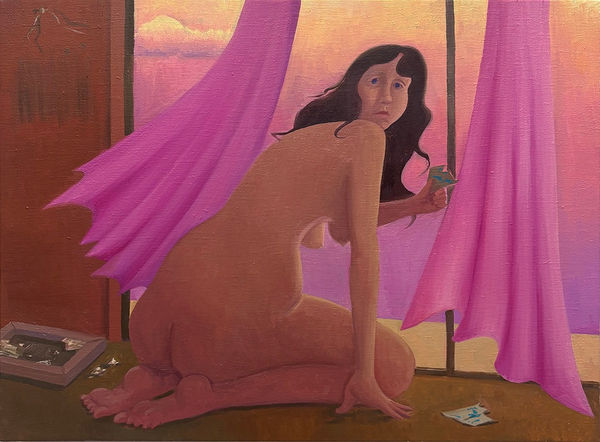 Painting of a nude woman leaning next to a window