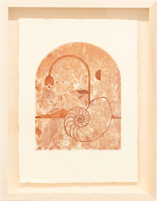 Madeleine Tonzi - Traced print in shades of red of a flower sprouted from a shell floating in front of a landscape.