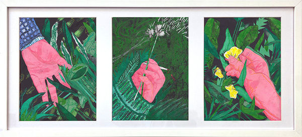 three drawings of a hand and plants in one white frame
