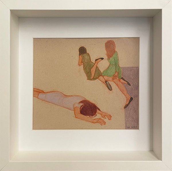 Drawing of two women laying on their stomachs and one woman sitting in white frame