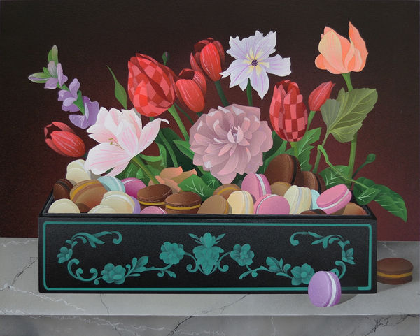 Casey Gray - Spray Painting of a stone table with macarons and flowers in a black box with teal flower pattern in front of black background.