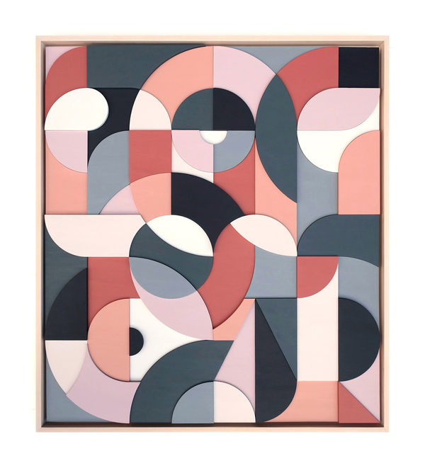 Scott Albrecht wood relief painting in pink and blue tones
