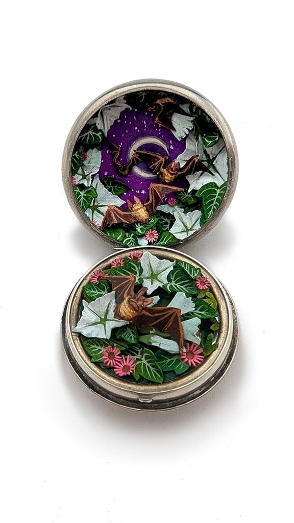 hand-cut watercolor collage in antique cosmetic compact by Shannon Taylor