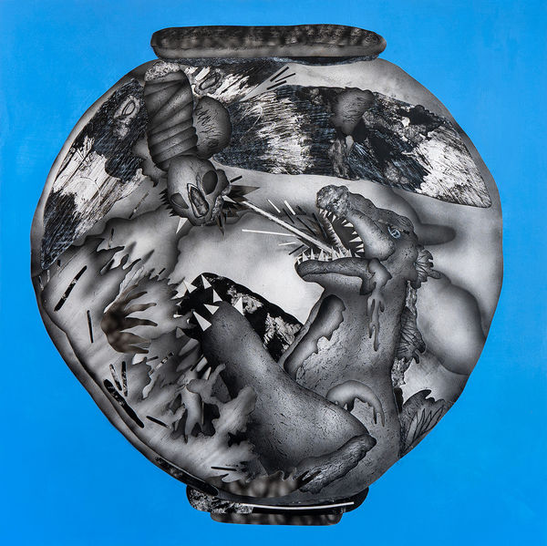 painting of a black and white vase depicting fighting monsters on a blue background