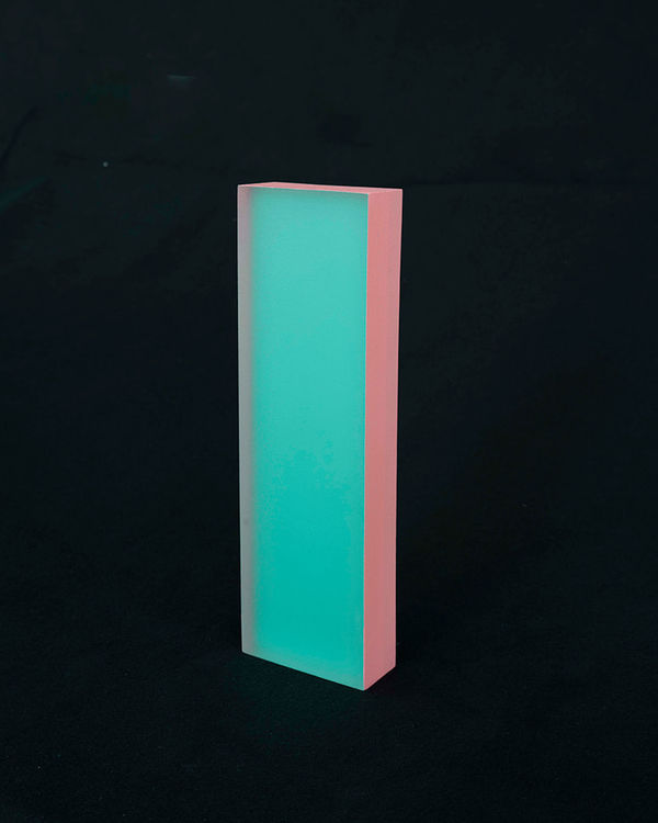 Rachel Strum - epoxy neon sculpture of vertical rectangle strip - Turkish green and pink.