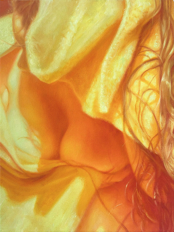 painting of a woman's breasts clothes in a soft yellow and orange light