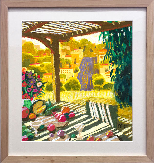 Pastel and oil painting of a table outside with fruit on it and a few of houses on a hill