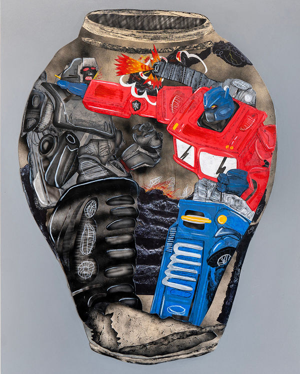 collage of a vase depicting tv characters fighting