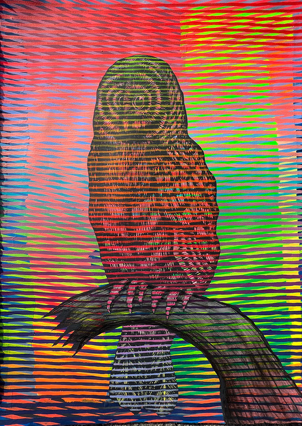 Colorful painting of neon stripes and a black owl