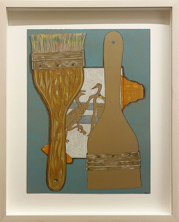 Framed painting of two wooden paintbrushes and three geese