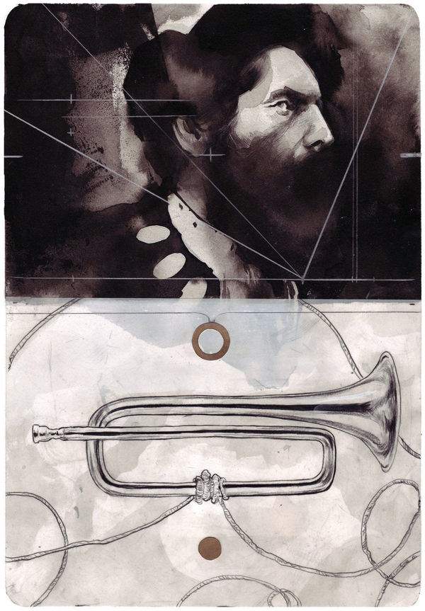 Nimit Malavaria graphite drawing of man and trumpet