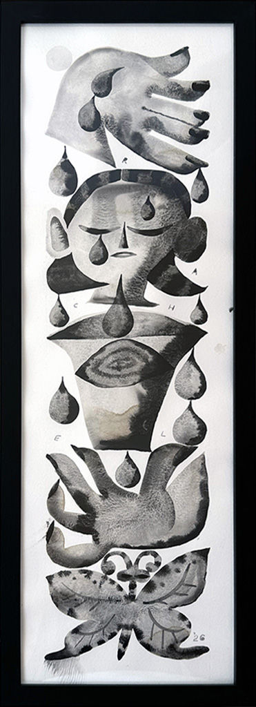 Vertical black and white paintings of a woman's head, hands, a butterfly and water droplets