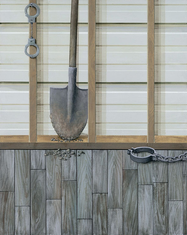 Gabe Langholtz painting of shovel and handcuffs
