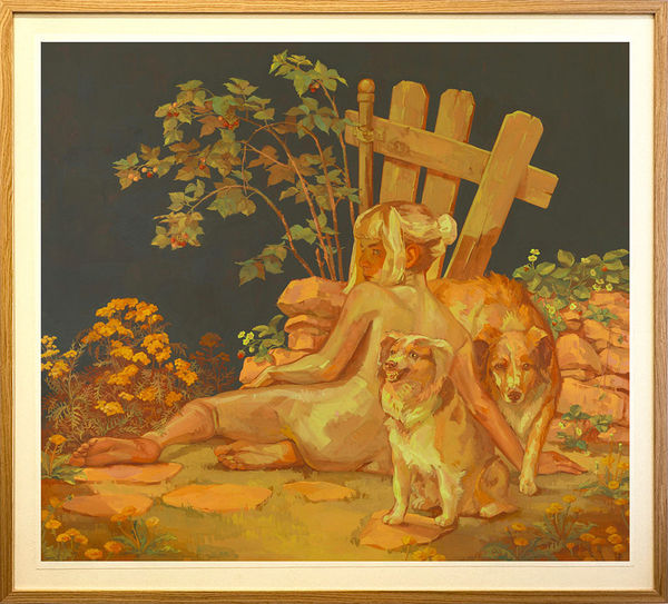 framed painting of a nude girl sitting on the ground next a stone wall and two dogs