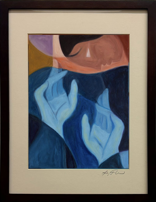 Painting on paper of blue hands and an orange face looking down