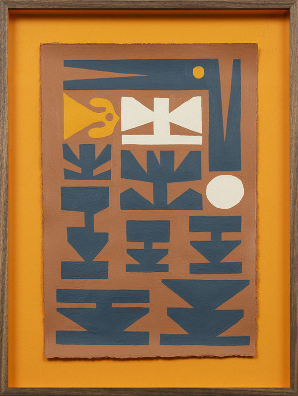 Painting with golden yellow, navy, and white geometric shapes