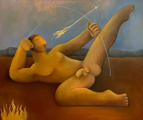 Carlos Rodriguez - painting of a nude man laying on the floor with one leg lifted and his two arms drawing a bow. The bow is delicate and thin, with an arrow formed by fire. Behind him is a mountain range and sky looks like in blue hours.